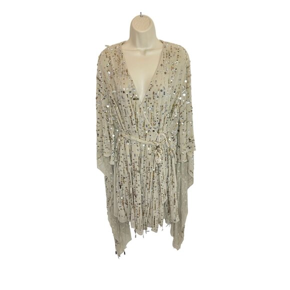 NEW Mac Duggal 94044 Gold Sequin Beaded Kimono Sleeve Wrap Mini Dress - Size M - Picture 3 of 10